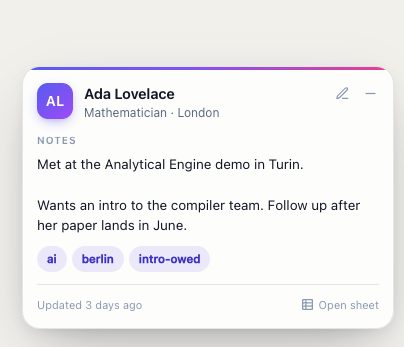 The roloNotes panel open on a LinkedIn profile, showing notes and tags